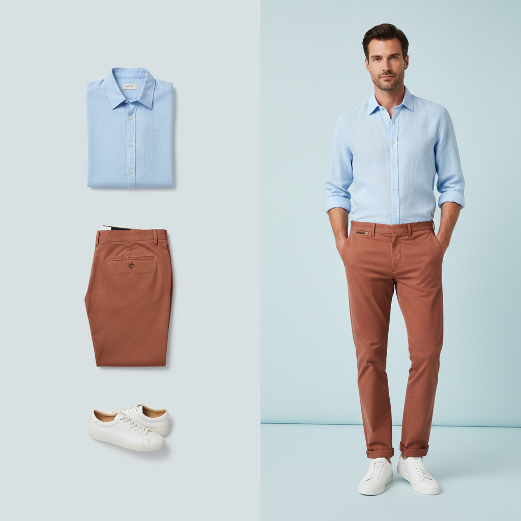 À gauche : packshots d'une chemise en lin bleu ciel, d'un chino terracotta et de baskets blanches. À droite : mannequin homme portant ces mêmes pièces, visage et tenue entièrement visibles.