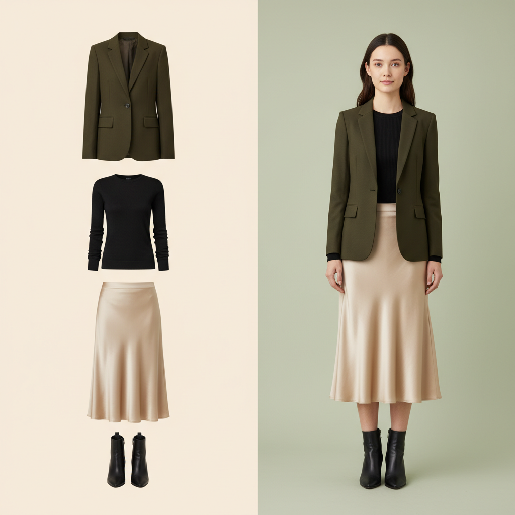 À gauche : packshots d'un blazer olive, d'un haut noir, d'une jupe satin champagne et de bottines noires. À droite : mannequin femme portant ces mêmes pièces, visage et silhouette visibles.