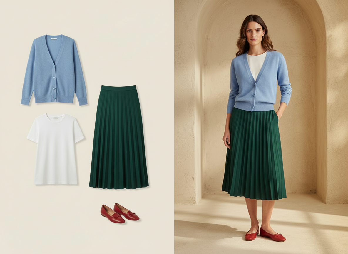 À gauche : packshots d'un cardigan bleu ciel, d'un tee-shirt blanc, d'une jupe plissée vert profond et de ballerines rouges. À droite : mannequin portant ce look preppy, visage visible.