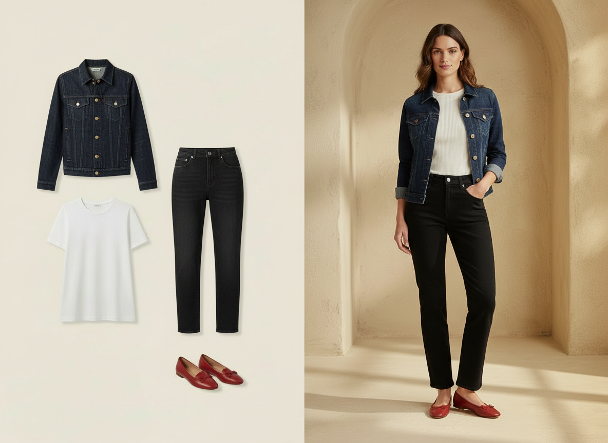 À gauche : packshots d'une veste en denim indigo, d'un haut ivoire, d'un jean noir et de mocassins bordeaux. À droite : mannequin portant ce look denim, visage visible.