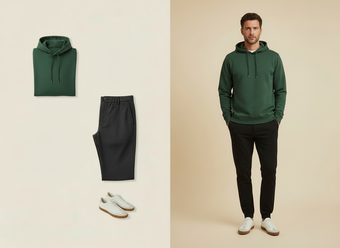 À gauche : packshots d'un sweat à capuche vert forêt, d'un pantalon jogging noir et de baskets blanches. À droite : mannequin homme portant ces pièces assorties, visage visible.