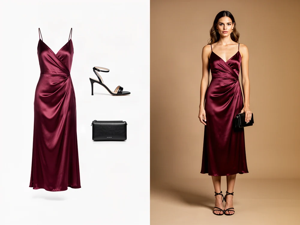 À gauche : packshots d'une robe satin bordeaux, de sandales à talons noires et d'une pochette noire. À droite : mannequin portant cette tenue de soirée.