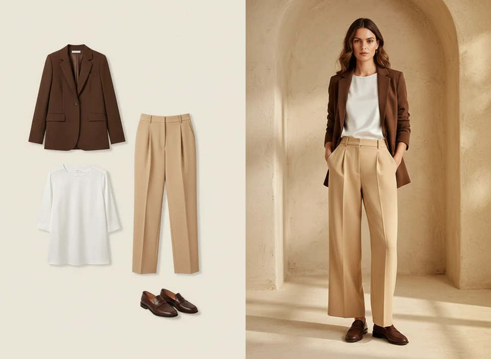 À gauche : packshots d'un blazer chocolat, d'un haut blanc, d'un pantalon tailleur beige et de mocassins marron. À droite : femme portant la même tenue.