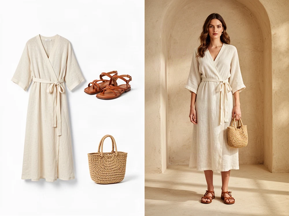 À gauche : packshots d'une robe portefeuille ivoire, de sandales cognac et d'un sac tressé. À droite : mannequin portant la même robe et les mêmes sandales.