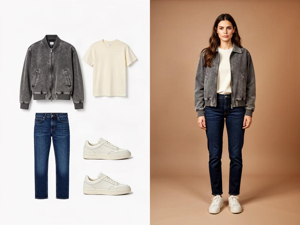 À gauche : packshots d'un bomber gris, d'un tee-shirt blanc, d'un jean bleu et de baskets écrues. À droite : mannequin portant ces mêmes pièces.