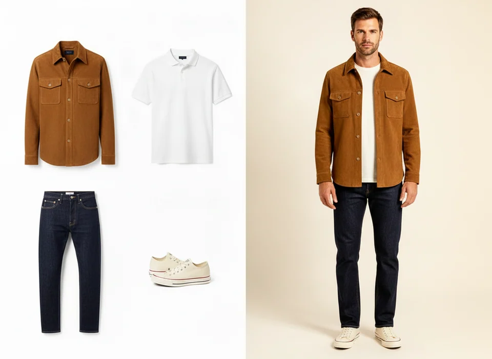 À gauche : packshots de surchemise cognac, haut clair, jean brut et baskets écrues. À droite : mannequin homme portant ces mêmes pièces.